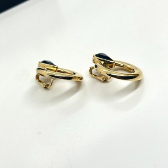 SAL VINTAGE SWAROVSKI GOLD TONE BLACK CRYSTAL EARRINGS MODERNIST CLIP ON CIRCLE - Picture 9 of 16
